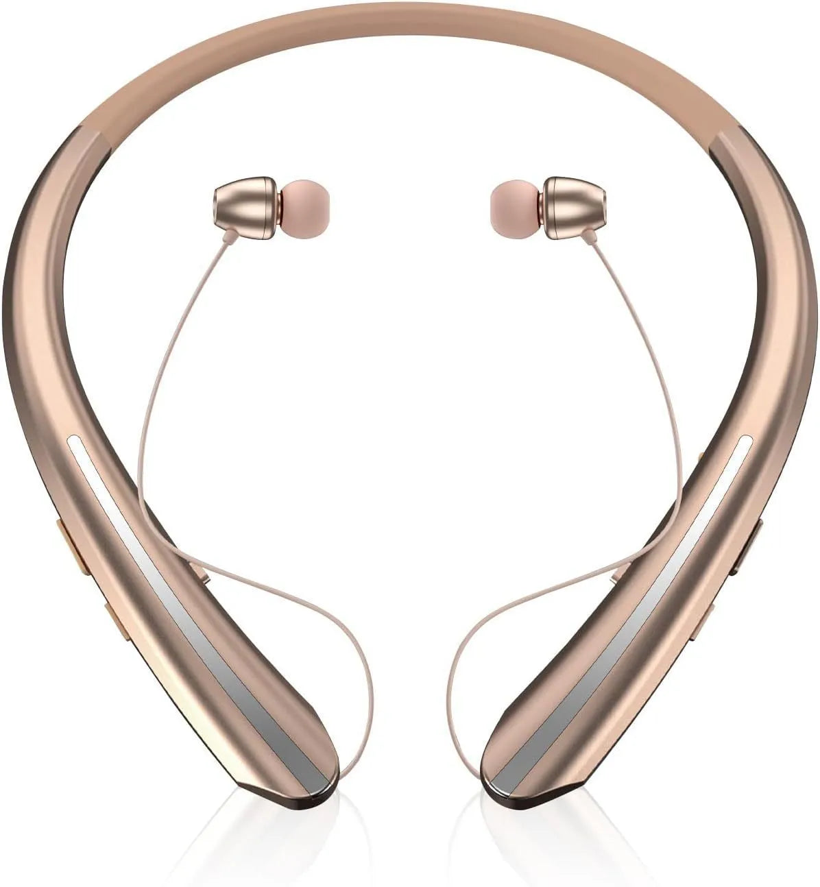 Wireless sport headphones in black and blue with hanging-neck design and digital display