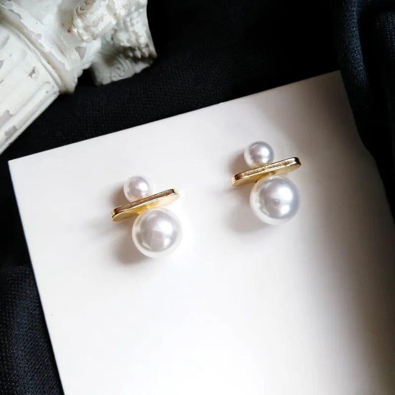 Gold-plated bow pearl earrings with gem inlay in pink, black, and red sweet Japanese Korean style