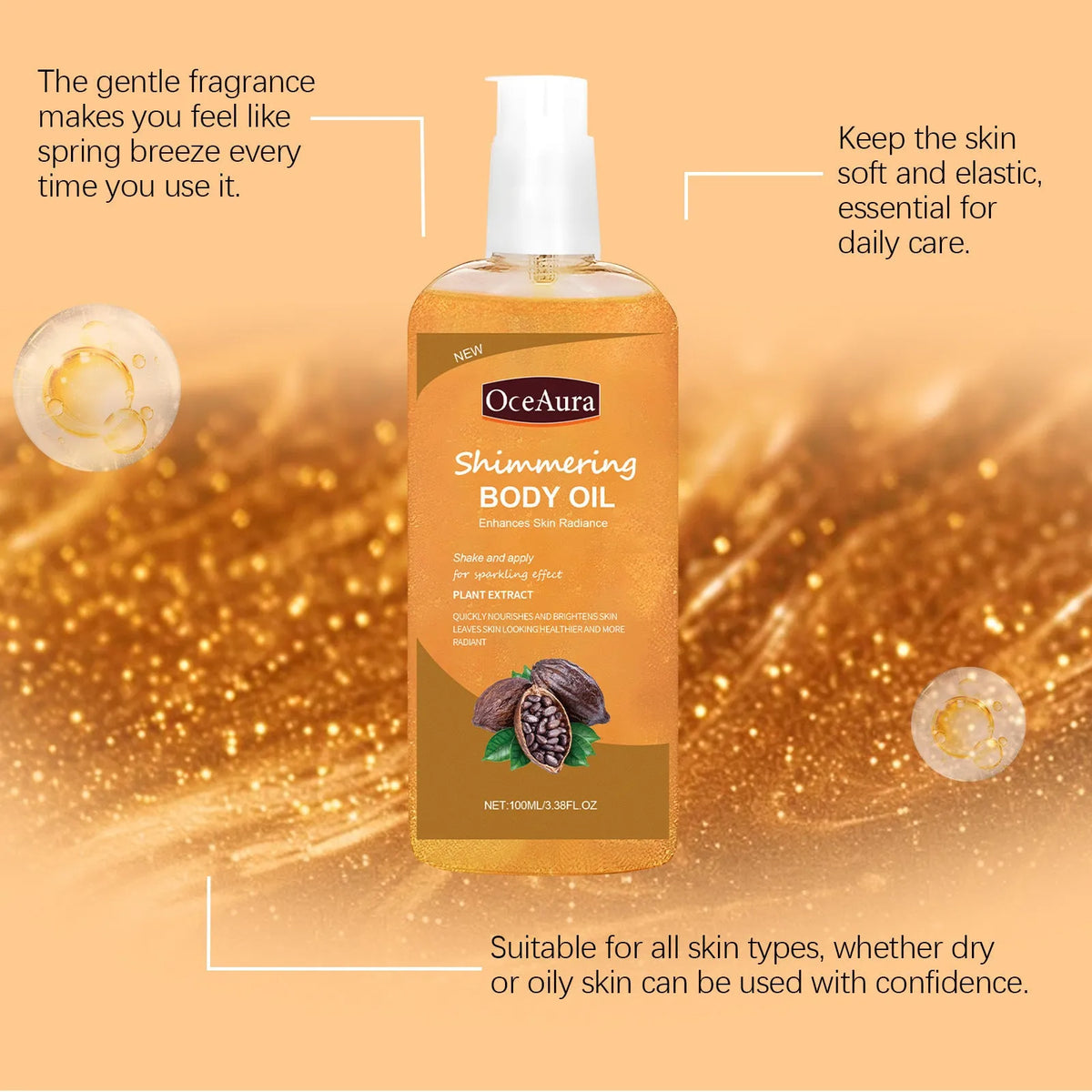 100ml shiny moisturizing body oil bottle with jojoba seed oil, vitamin E, cocoa extract and mica