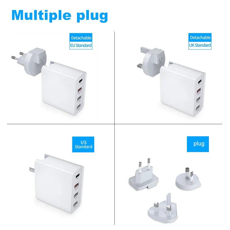 A white or black multi-port USB fast charger with PD and QC ports on a table.