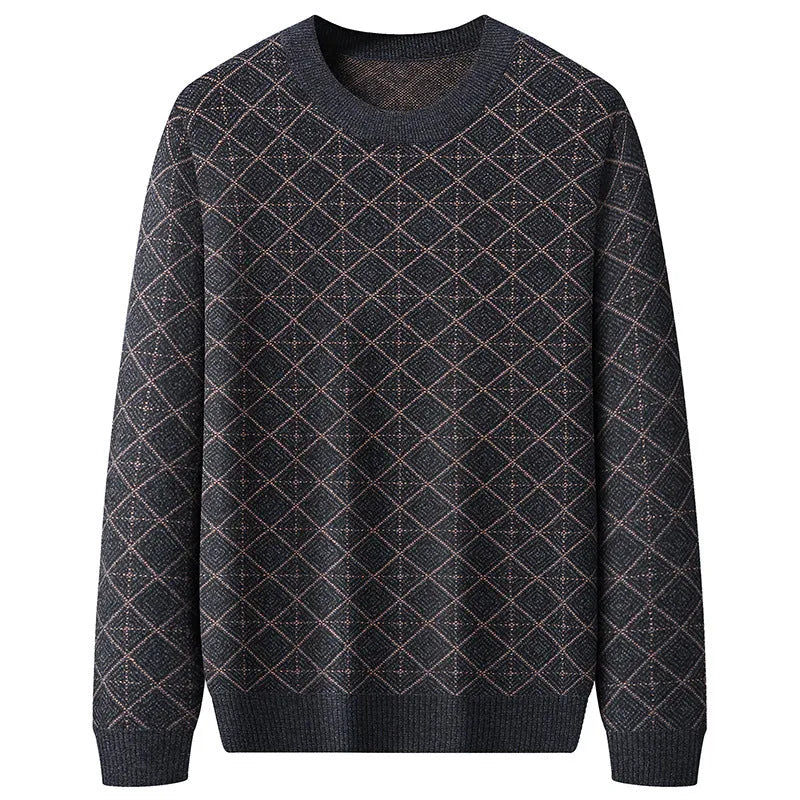 Mens loose round neck sweater in blue or brown, thin chemical fibre blend, sizes M to 7XL