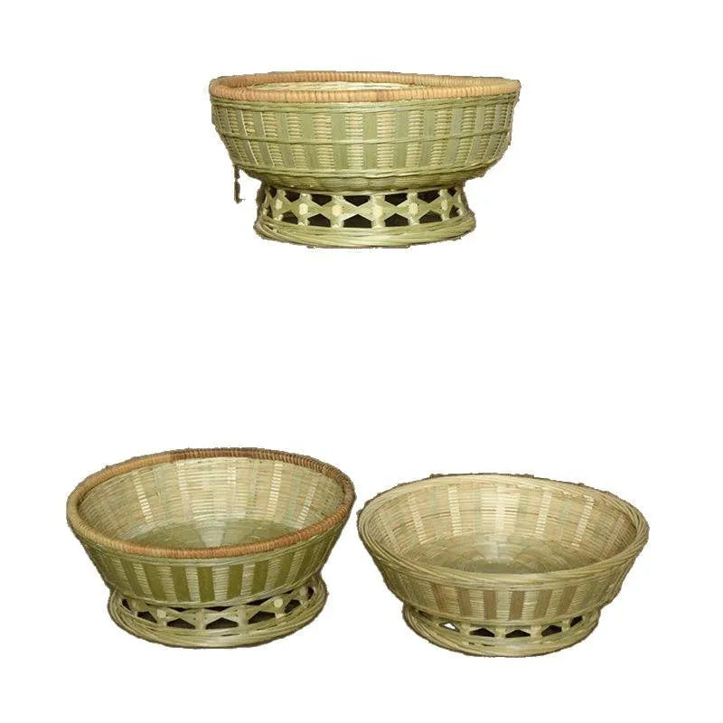Handmade natural bamboo storage basket showing woven texture in three available sizes