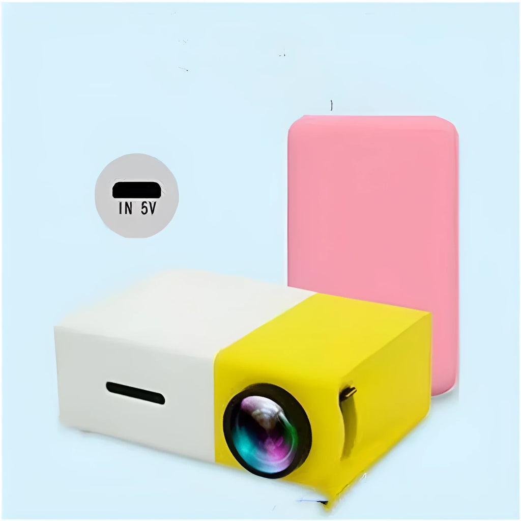 Micro mini LED portable projector in yellow and white, blue and white, or black and white with remote control, power adapter, and AV cable
