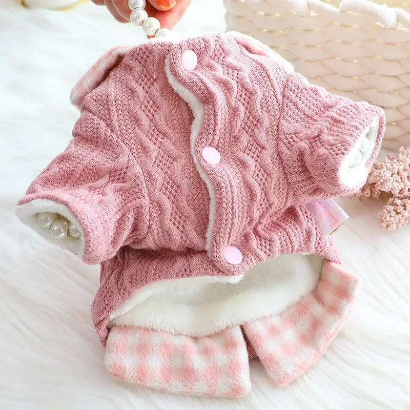Blue plaid fleece-lined wool dog sweater with a fake two-piece design on a small dog.