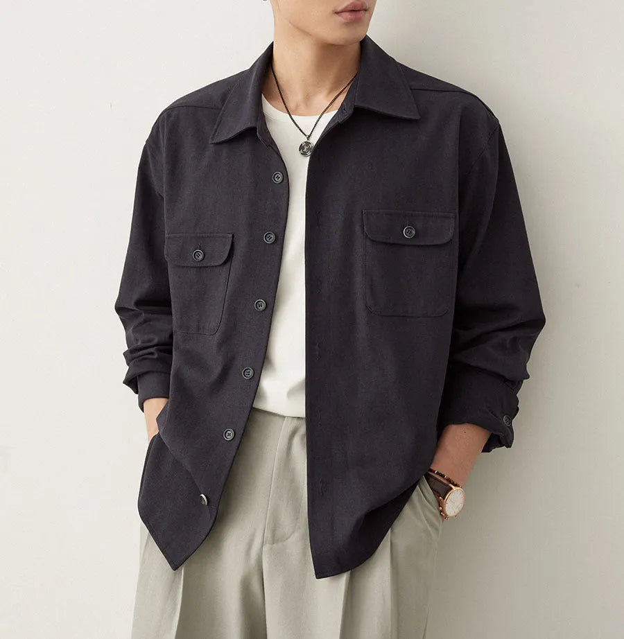 Men's simple profile shirt with cotton lapel in light sand rice colour, long sleeves
