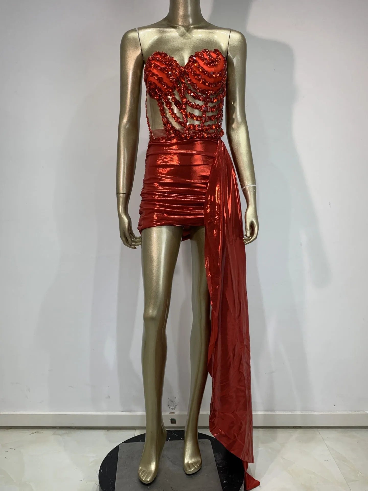 Red spandex skirt suit with hollow mesh see-through detailing for stage costumes