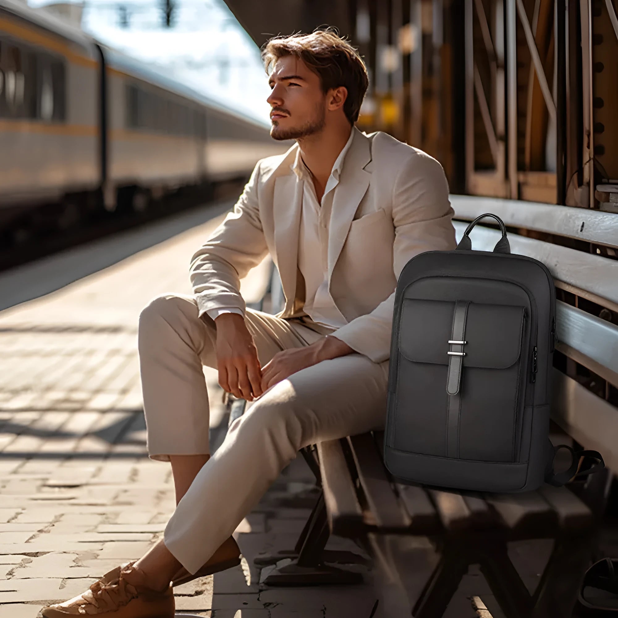 Black Oxford cloth backpack with sewing line details for business commuting