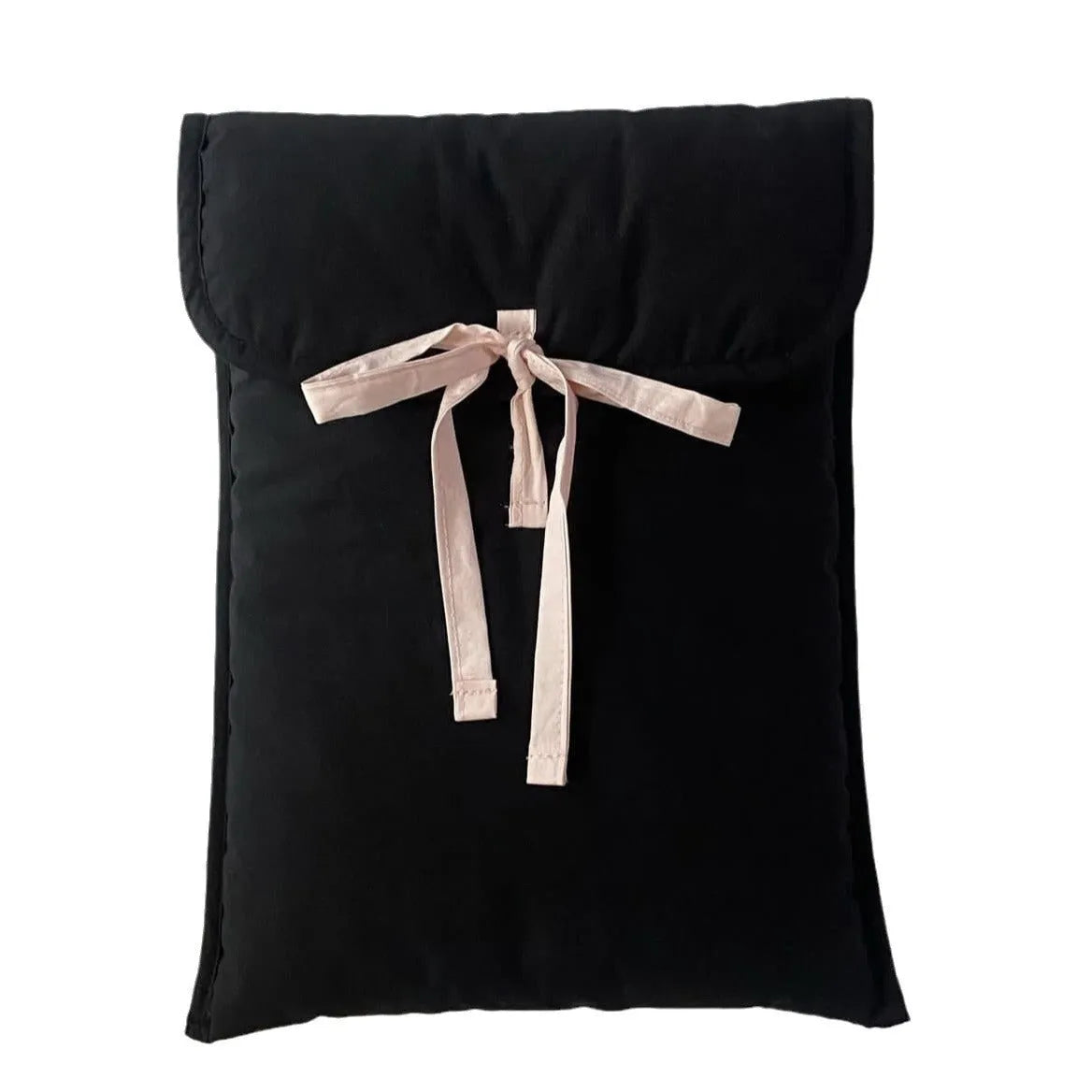 Black and white women's quilted nylon laptop bag with ballet bow in two size options.