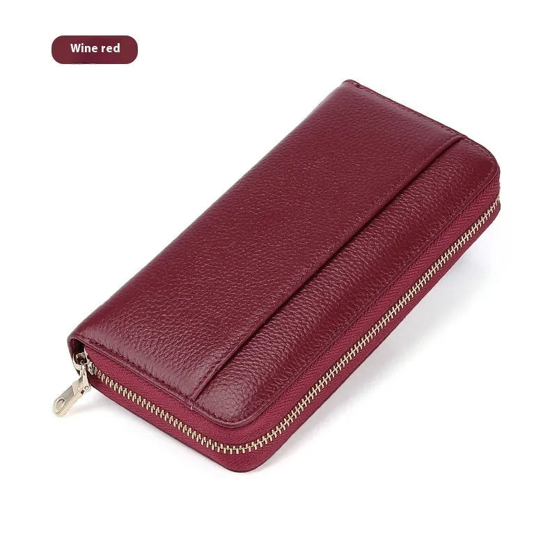 Long genuine leather women's wallet showing six colour options with anti-theft card swiping feature