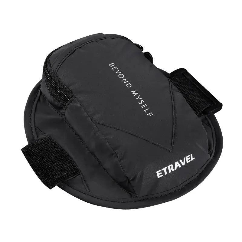 Reflective black running arm bag with adjustable strap, holding a mobile phone, shown on a runner's arm.