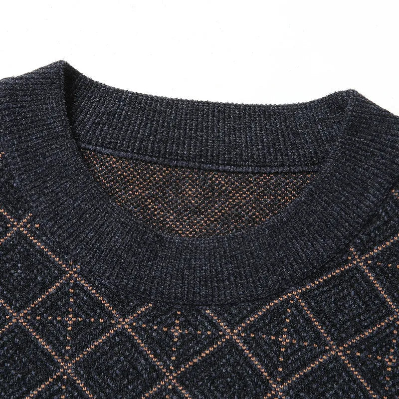 Mens loose round neck sweater in blue or brown, thin chemical fibre blend, sizes M to 7XL