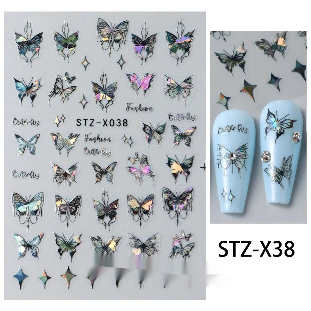 Cartoon-themed nail art sticker sheet with black and silver strip patterns and love motifs