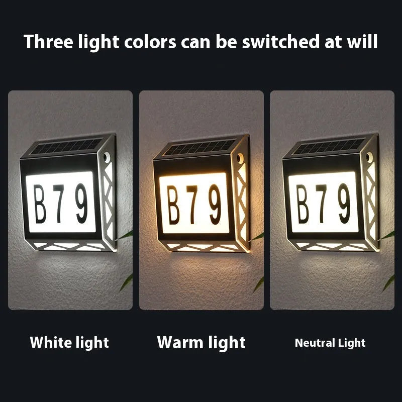Solar powered waterproof doorplate light with LED digital display for outdoor house numbers