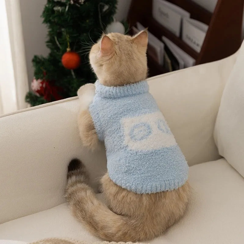 Cute owl face pet sweater in blue and purple, soft plush winter pullover for cats and small dogs, XS S