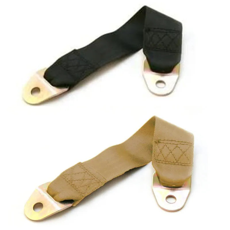 Universal door latch and stop belt with polyester fixing strap, metal buckle, and mounting screws