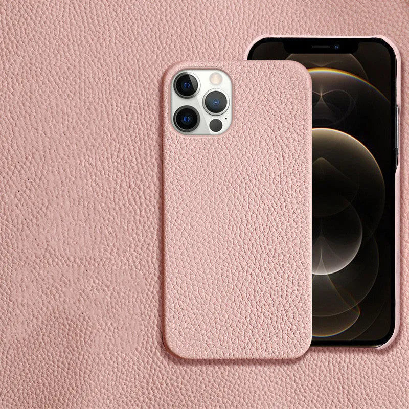 Genuine brown cowhide leather protective case for iPhone with half-cut bottom design.