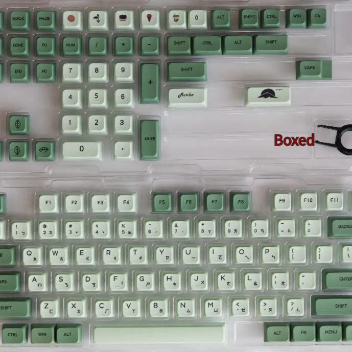 Matcha coloured PBT keycap set with 124 keys showing multiple language legend options