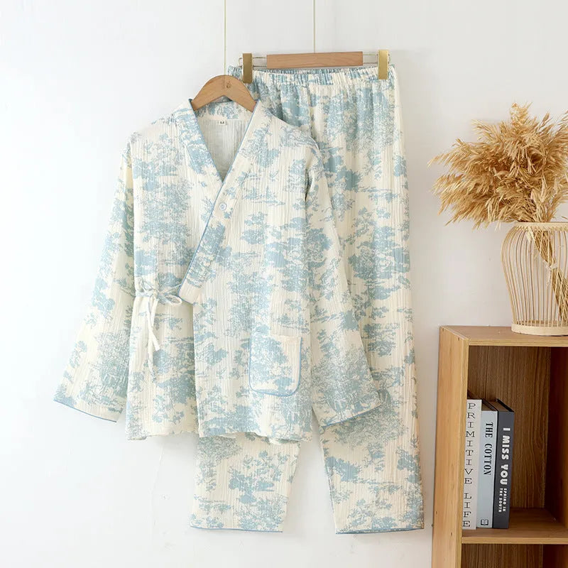 Women's pure cotton gauze long sleeve trouser suit in frosted pine trees colour