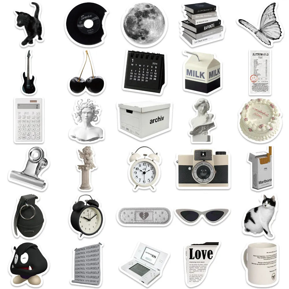 61 black and white coffee and tea themed PVC vinyl stickers for decoration.