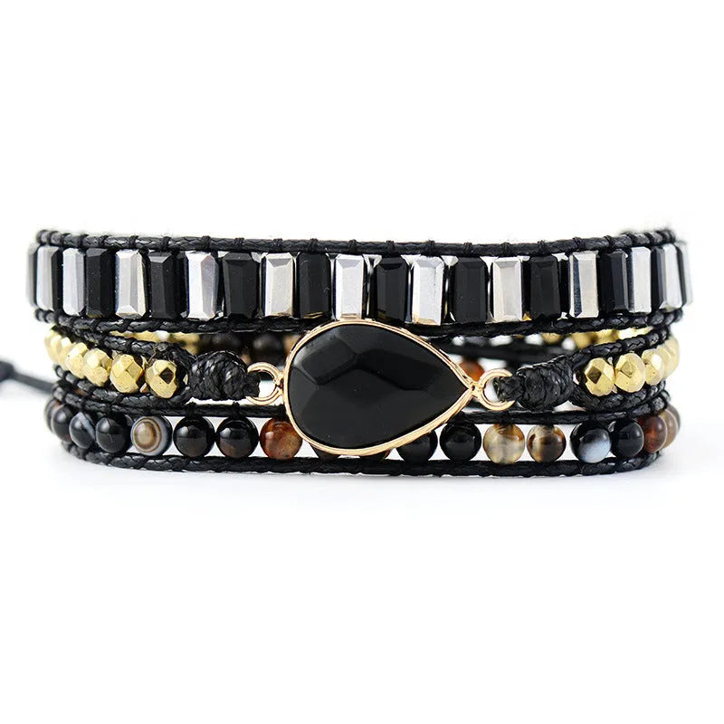 Handmade water drop obsidian bracelet on leather rope, French retro style, unisex jewellery