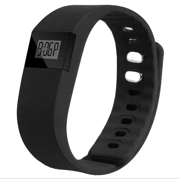 Ordinary bracelet pedometer showing step distance calorie tracking with black blue green orange yellow colour options