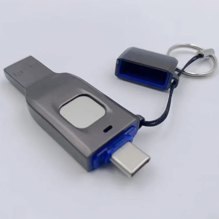 Black metal fingerprint USB flash drive with USB 3.0 and USB-C connectors for encrypted data storage