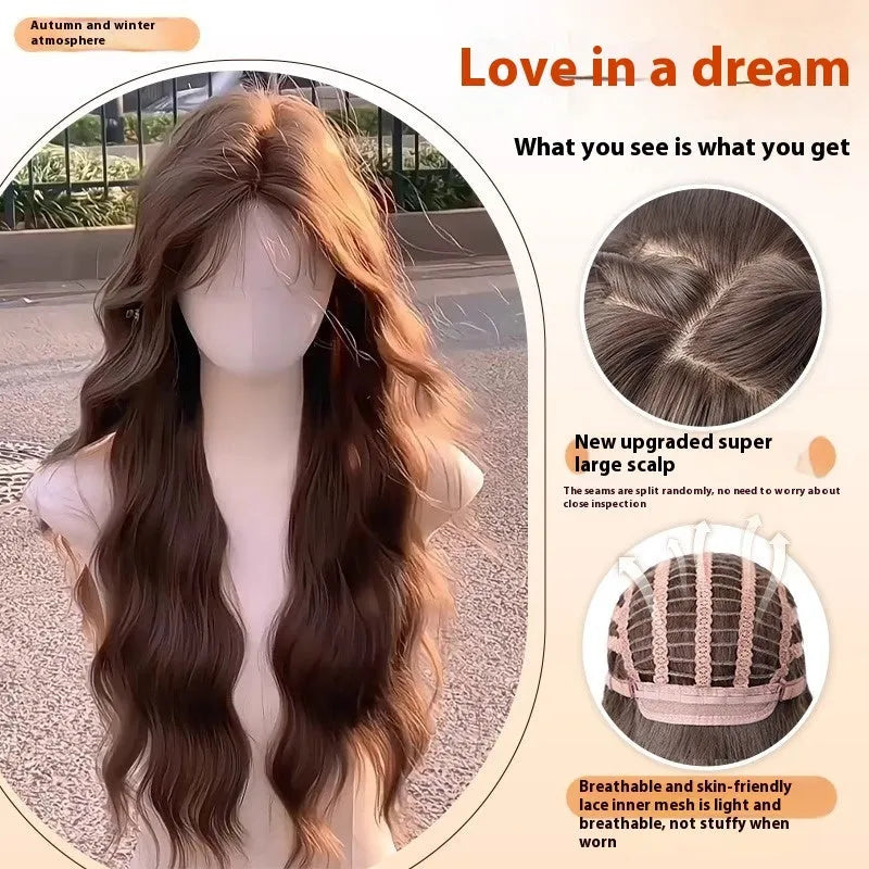 Full-head long curly artificial hair wig with side bangs in brown colour options