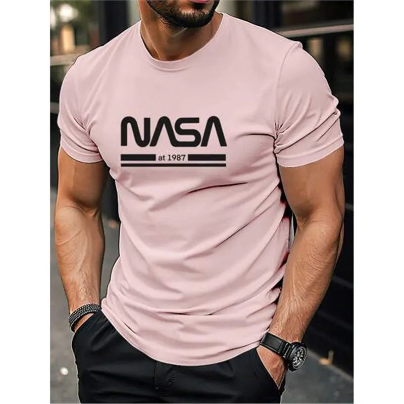 Men's printed slim-fit letters short sleeve cotton T-shirt shown in multiple colour options.