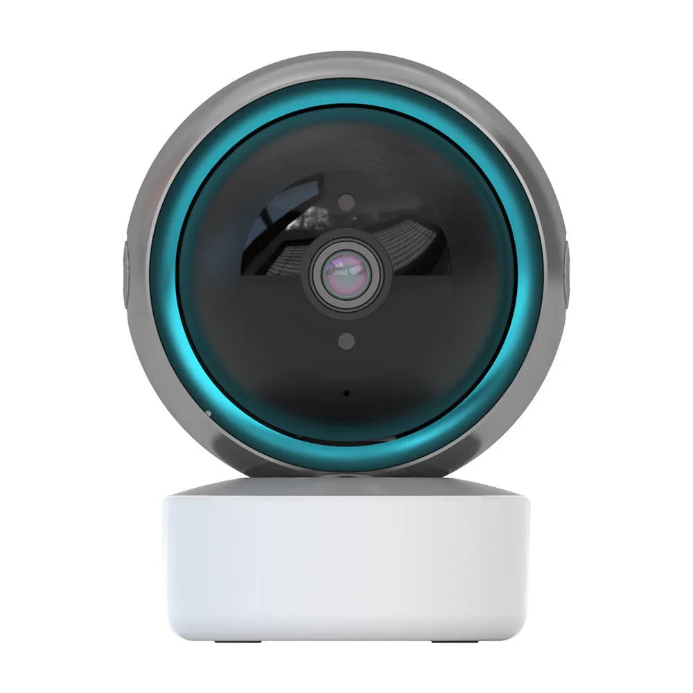 White indoor WiFi security camera with 360-degree rotation on a stand.