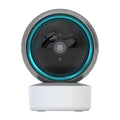 White indoor WiFi security camera with 360-degree rotation on a stand.