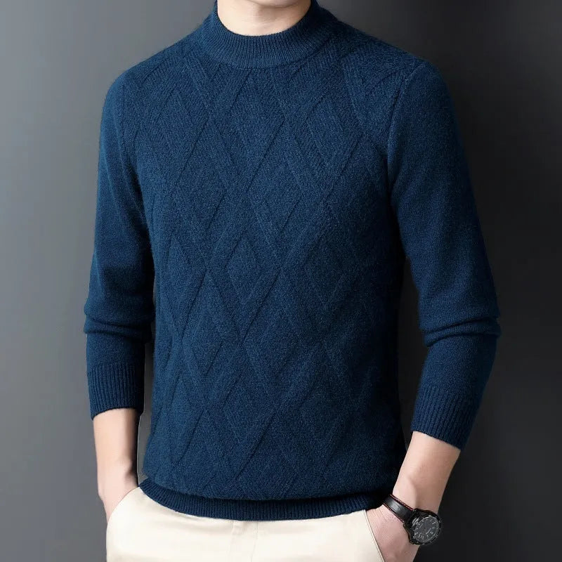 Men's thick grey diamond jacquard wool-blend pullover sweater on a hanger.