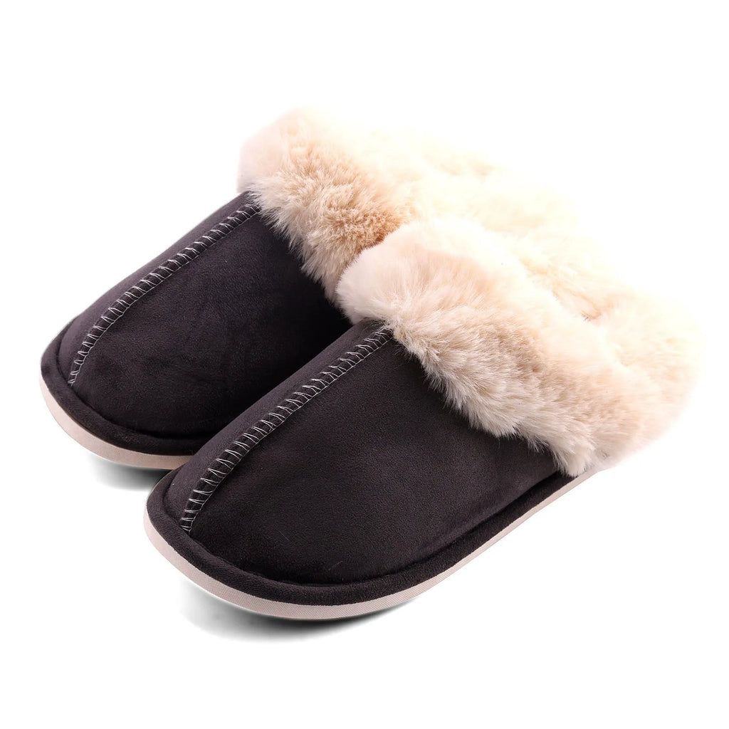 Grey fur furry slippers with plush velvet upper and TPR sole on indoor floor