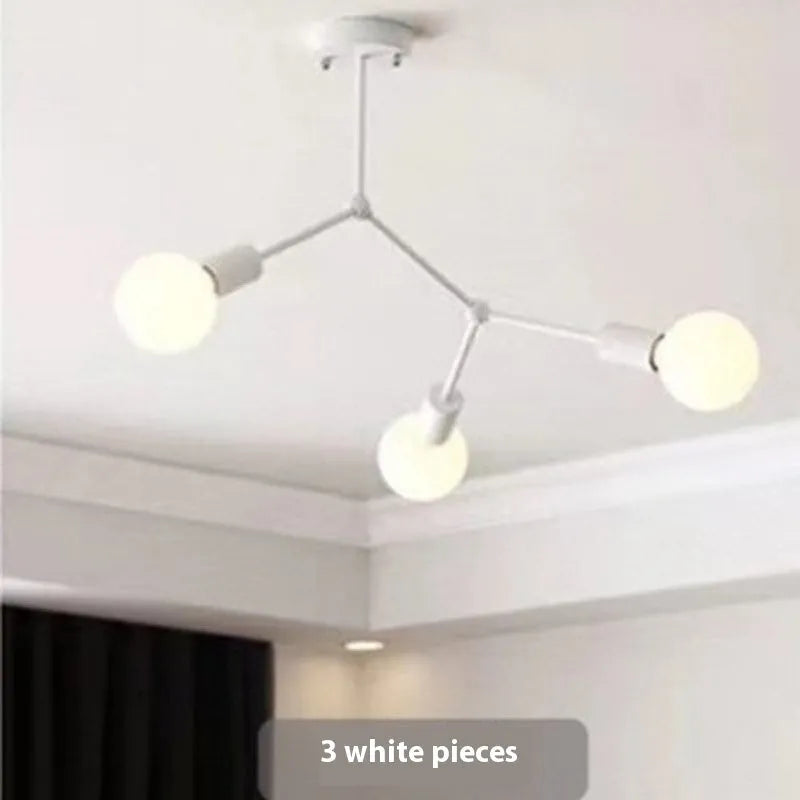Nordic-style black iron ceiling chandelier with six extended arms against a white background