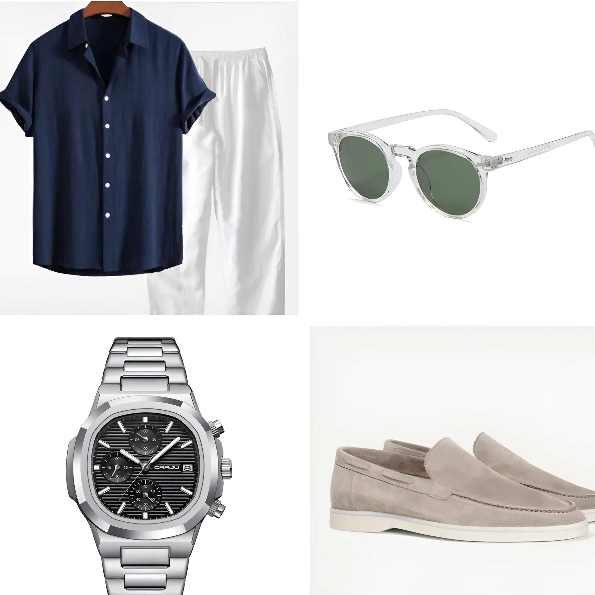Casual loose fit short sleeve cotton linen suit in navy blue with matching glasses shoes and watch accessories