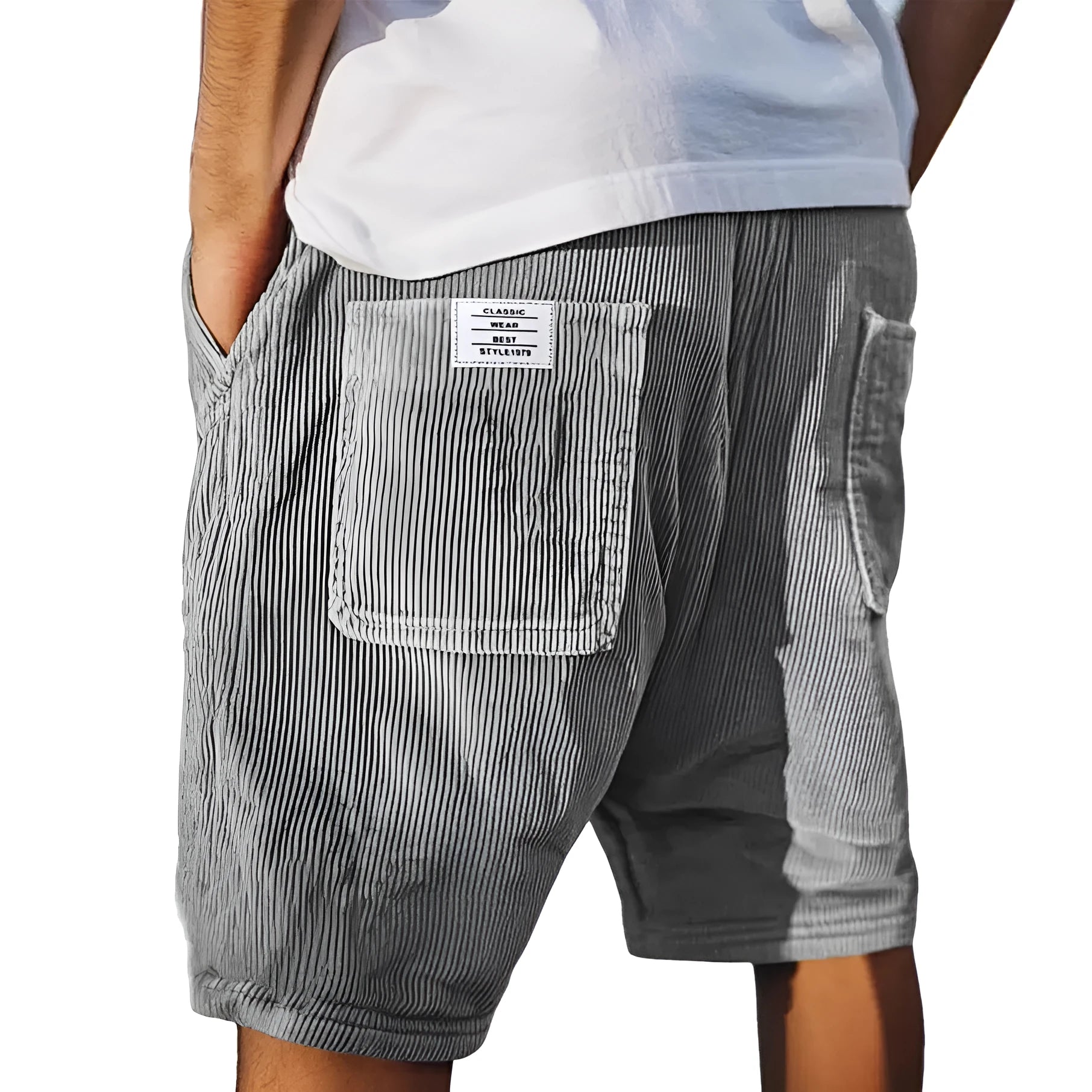 Men's straight-leg corduroy shorts with multiple pockets and embroidery detailing in grey colour