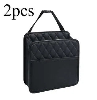 Leather car hanging storage bag and trash can in black colour, 25cm square with 8cm depth