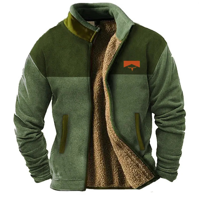Men's green polyester fleece padded coat on a hanger, showing regular fit and zip front.