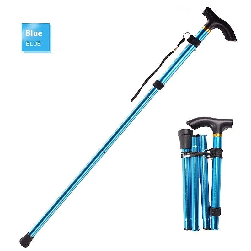 Aluminium folding walking stick with non-slip handle, shown extended and in black colour.