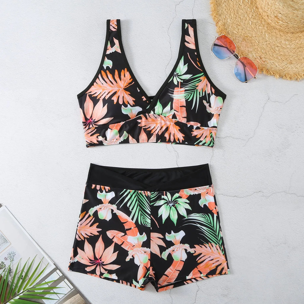 Women's two-piece printed swimsuit set with boxer briefs and sleeveless top