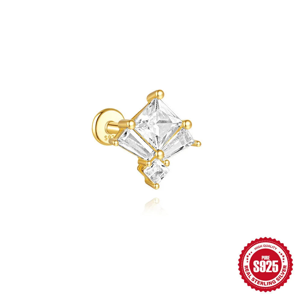 Sterling silver chain stud earrings with zircon inlay in geometric shapes including clover and crown designs