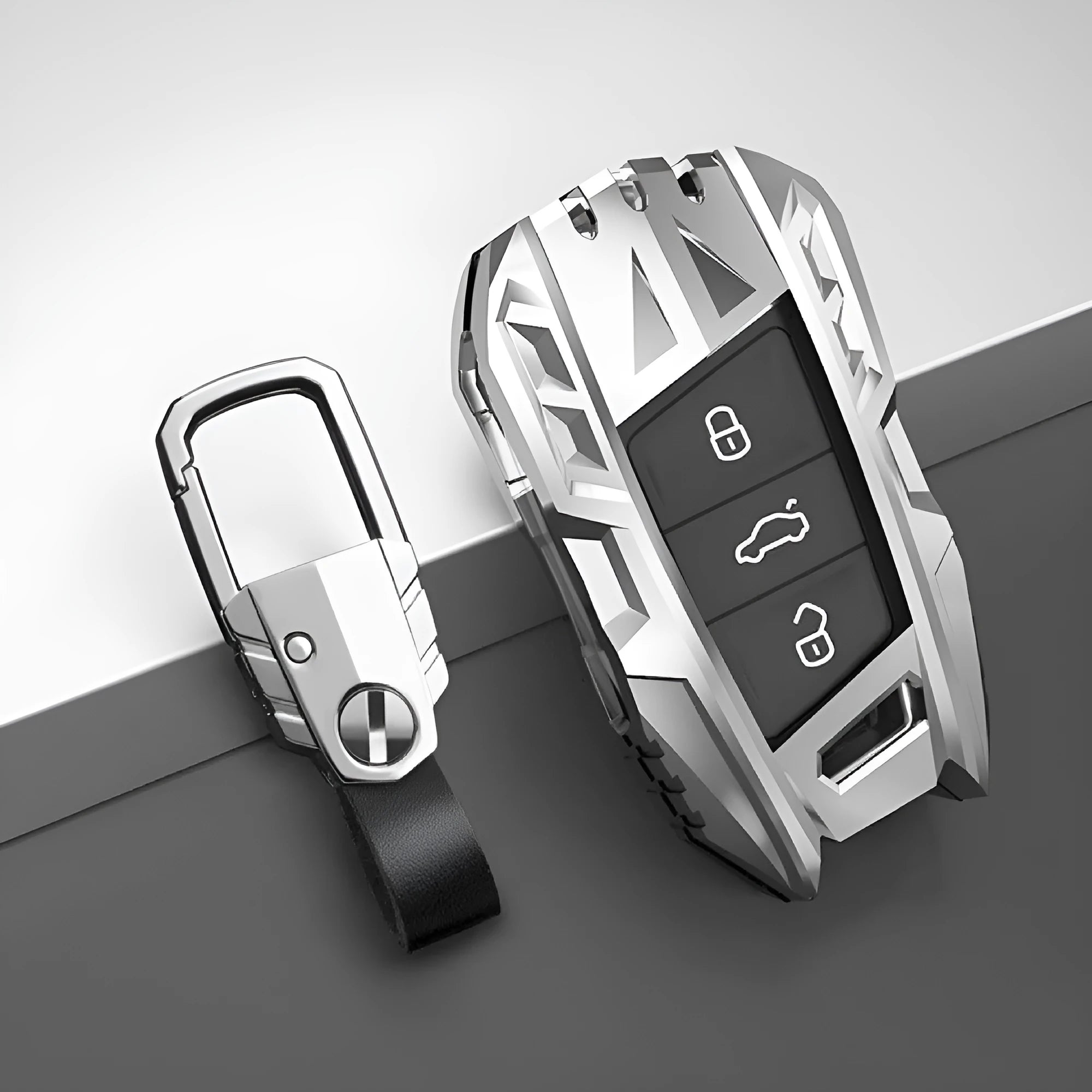 Metal mecha golf auto key shell set in silver with button case buckle