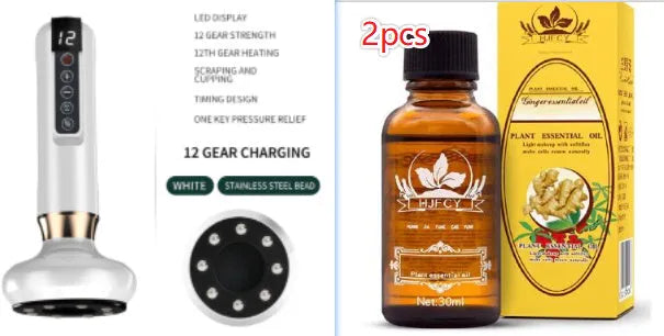 Green electric vacuum cupping massager device with USB cable on a white background