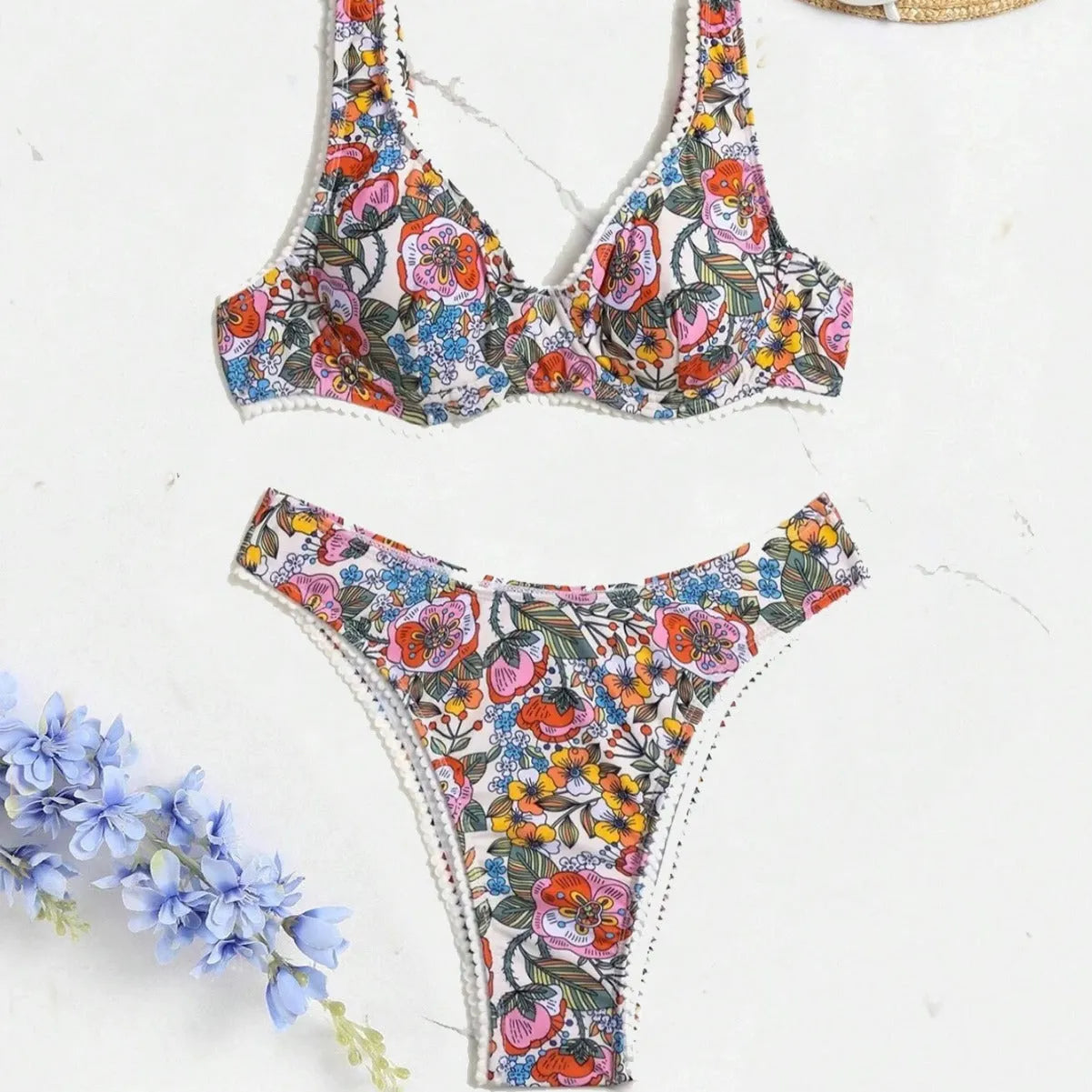 Women's floral print push-up bikini with steel bracket and high-waisted briefs
