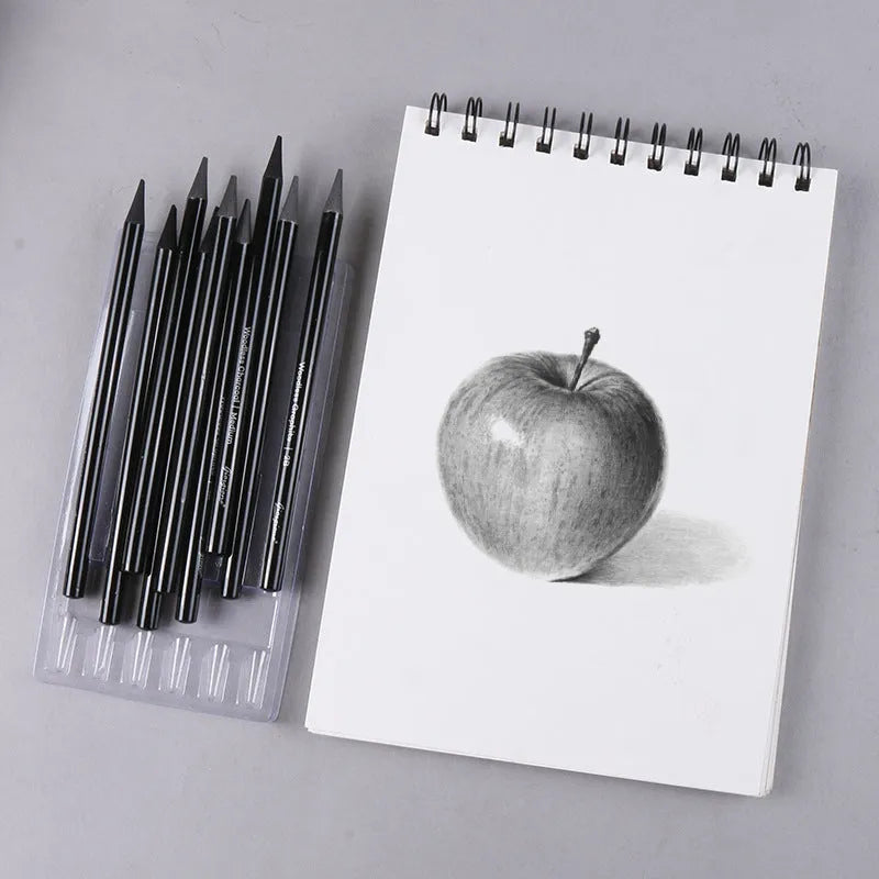 Wooden case containing six graphite pencils and three carbonized pencils for drawing, presented on a white suction card.