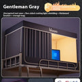 Grey polyester bed curtain and mosquito net unit installed on a 0.9 metre single bed.