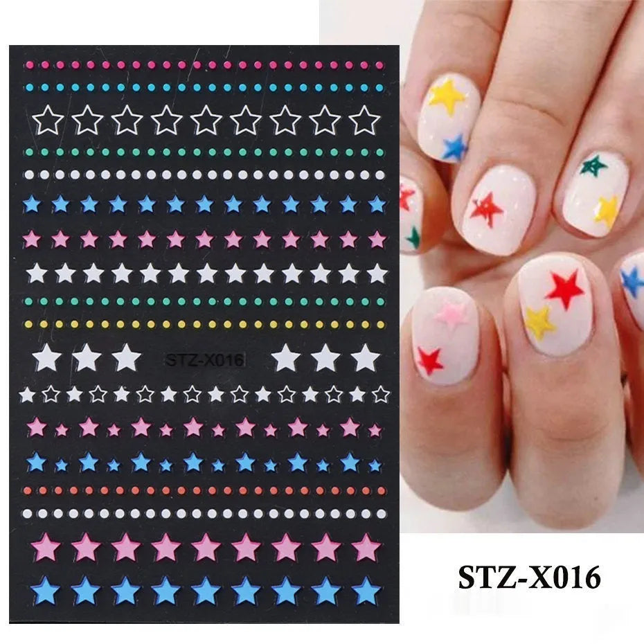 Cartoon-themed nail art sticker sheet with black and silver strip patterns and love motifs