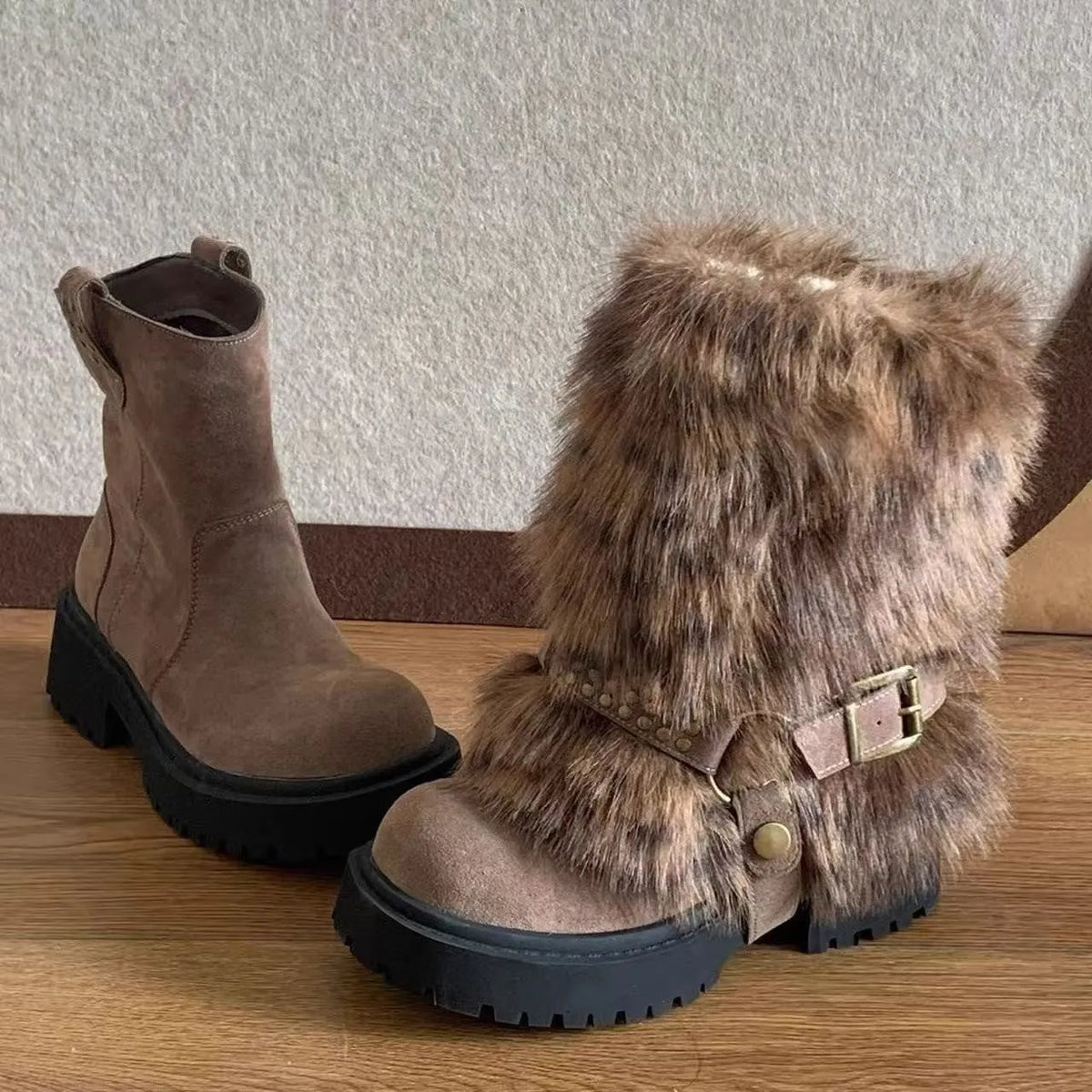 Women's mid-calf snow boots with faux plush lining, anti-slip rubber sole and slip-on design in beige