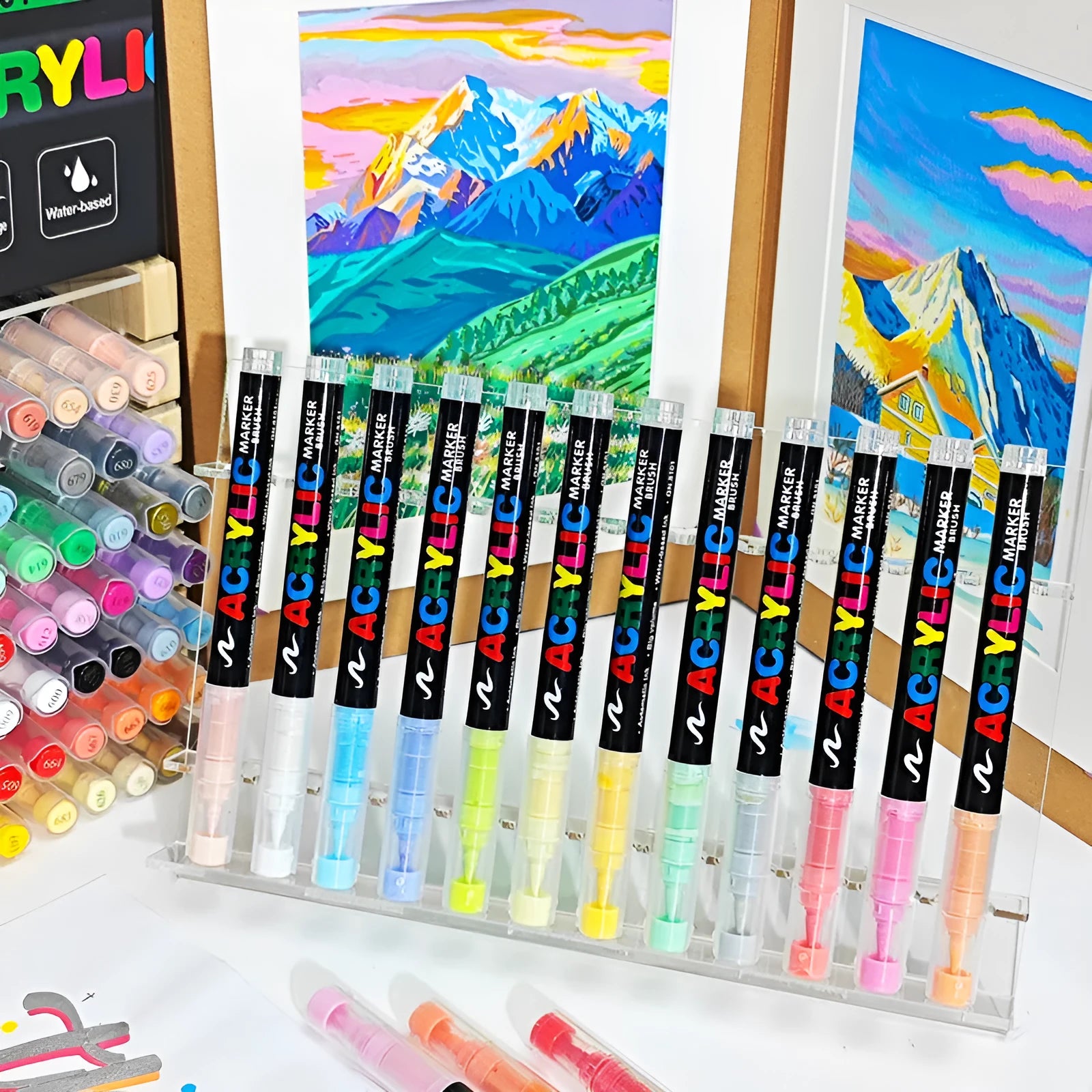 Set of straight liquid acrylic marker pens with soft heads for art and graffiti work