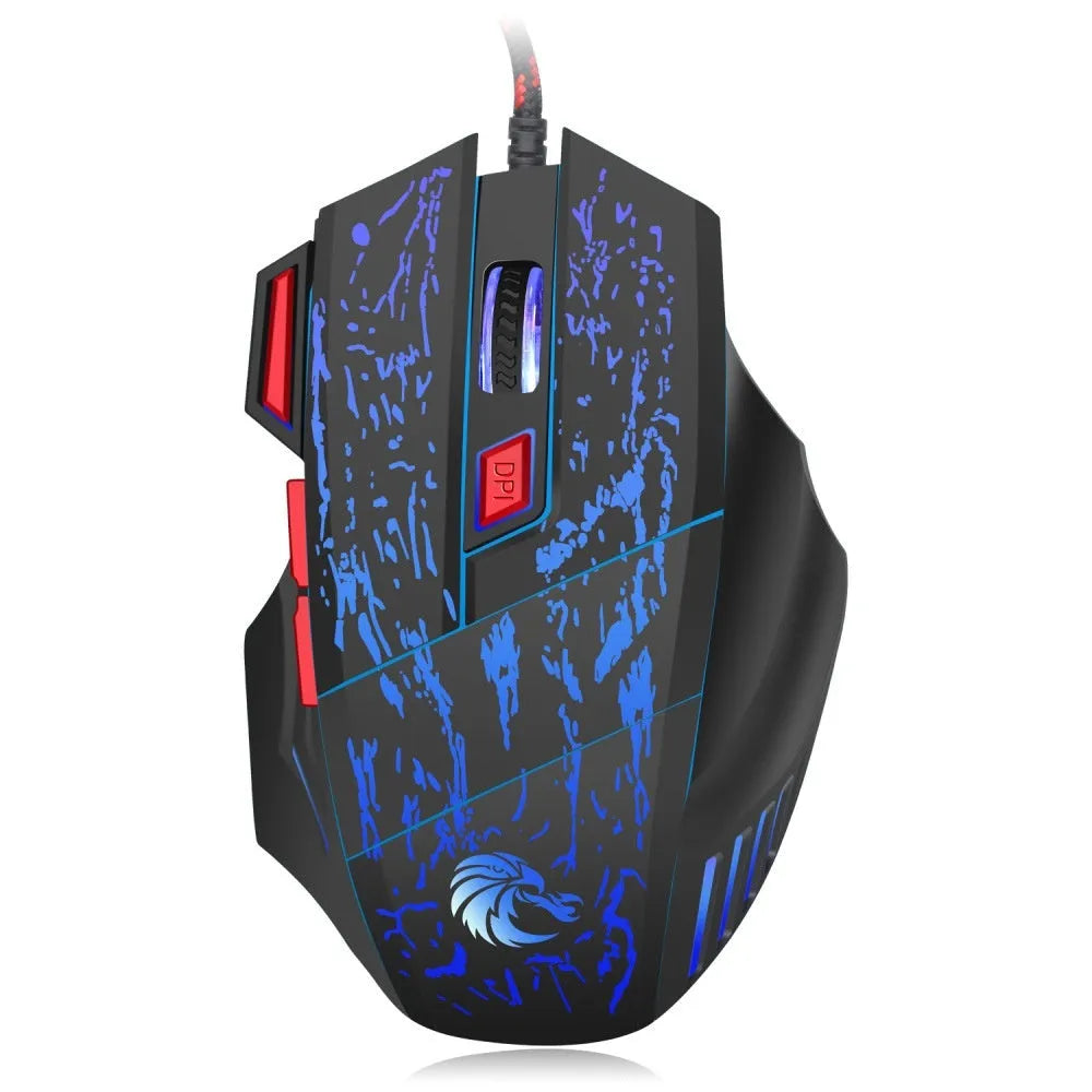 Black wired gaming mouse with colourful luminous lighting effects on desktop