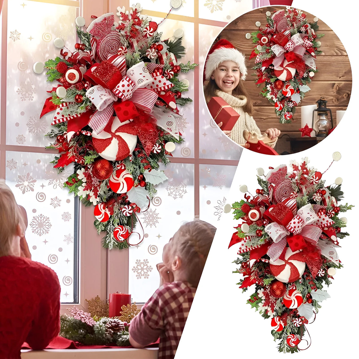 Artificial Christmas wreath with candy and upside-down tree design, 50cm or 60cm, yellow ribbon loops for hanging.